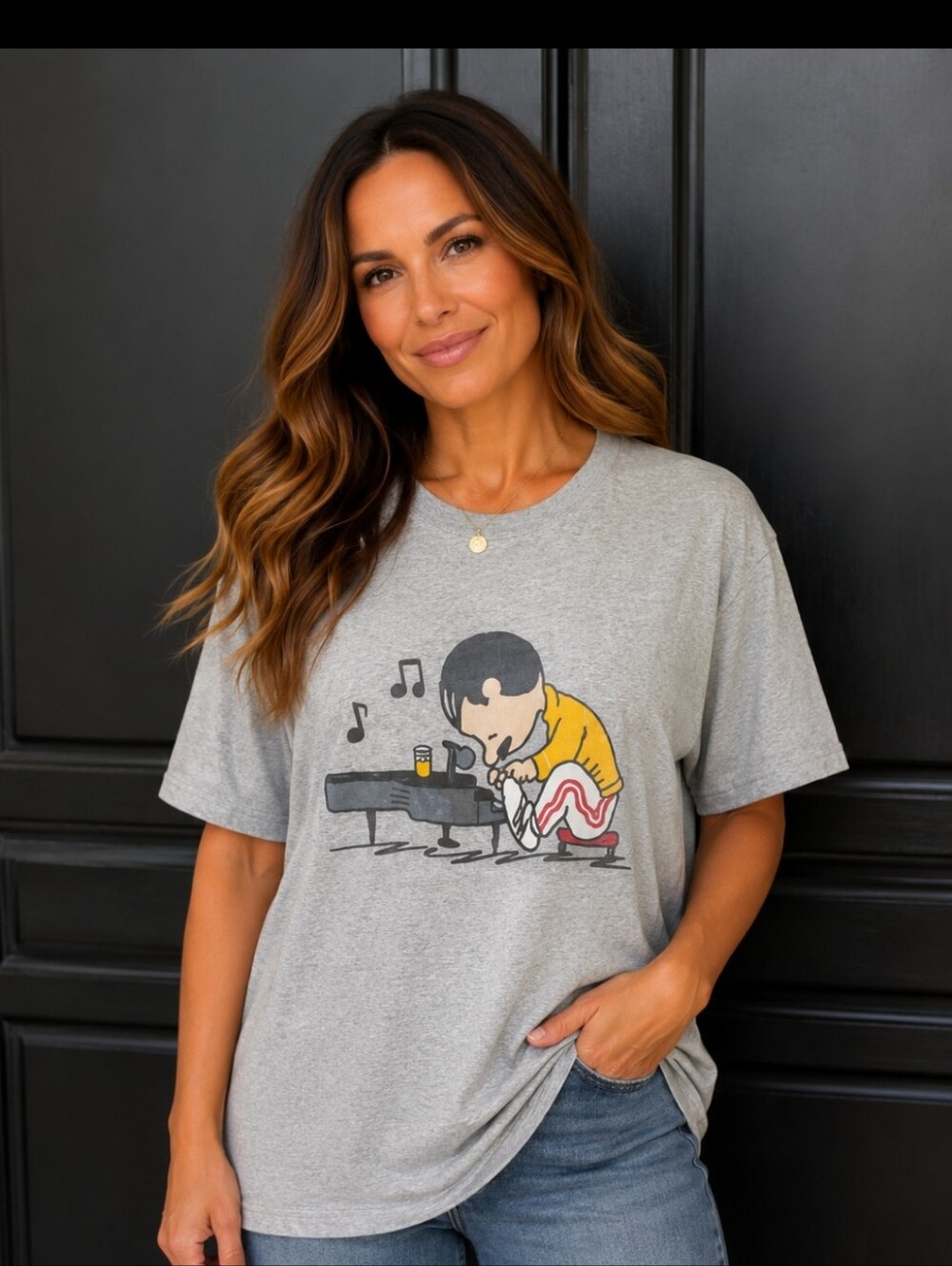 Gildan Gray Women's Tee with Yellow Jacket Cartoon Pianist Freddie Mercury